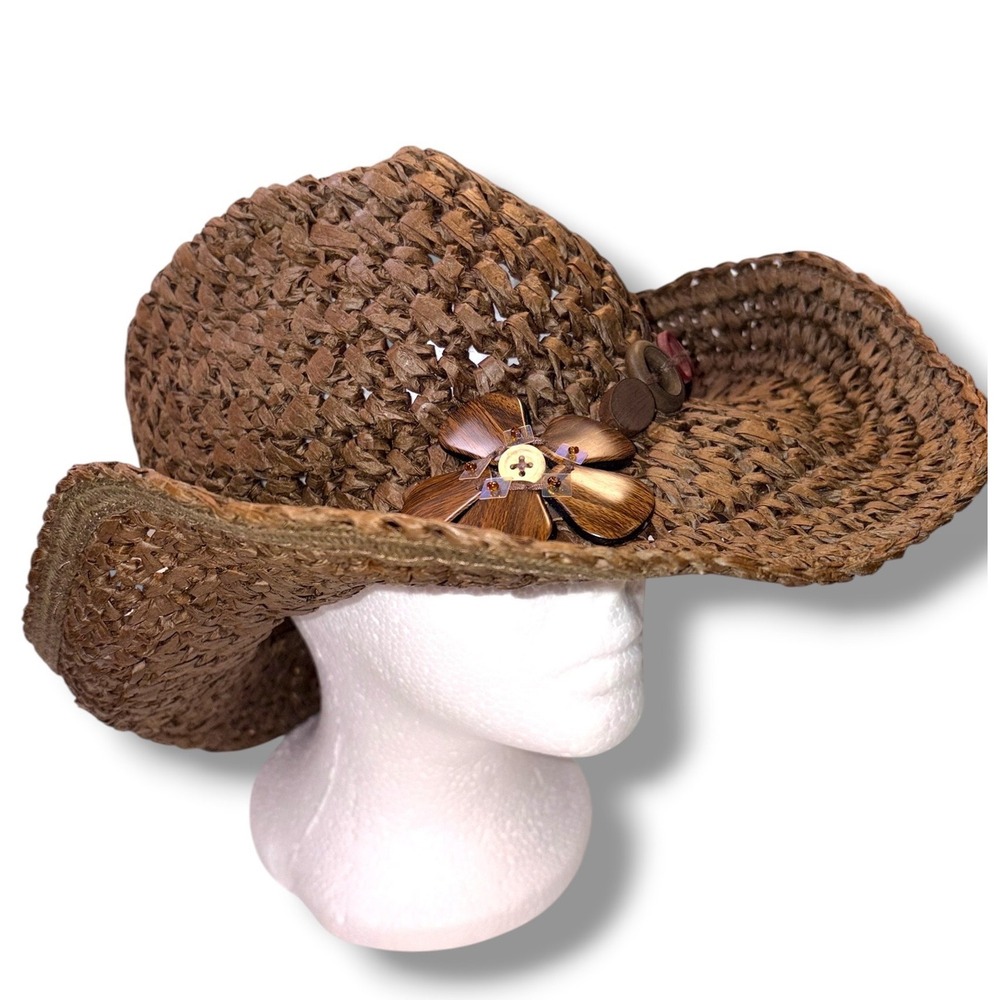 DPC Cowboy Hat OS Brown Paper Straw Flower Feather Bead Western Boho Shapeable